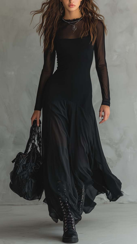 MARCELA | Vestido maxi con corte holgado de tul negro