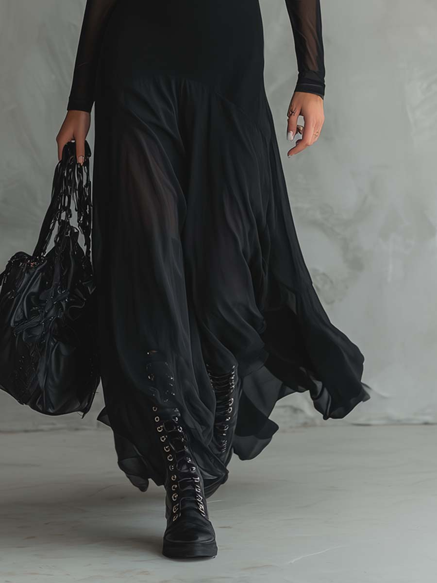 MARCELA | Vestido maxi con corte holgado de tul negro
