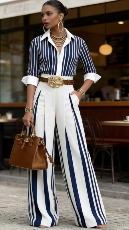 LUCIA: CONJUNTO CAMISA Y PANTALON DE MUJER A RAYAS